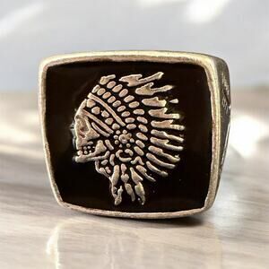 Black Enamel Chief Headdress Signet Ring - Size 9 Unisex